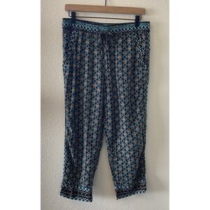 Anthropologie Womens Pants Size Med Drawstring Geometric Print Black Blue Boho